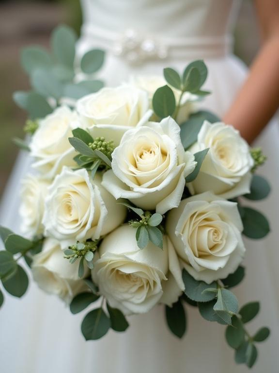 Primo piano di un bouquet da sposa con rose bianche e eucalipto.