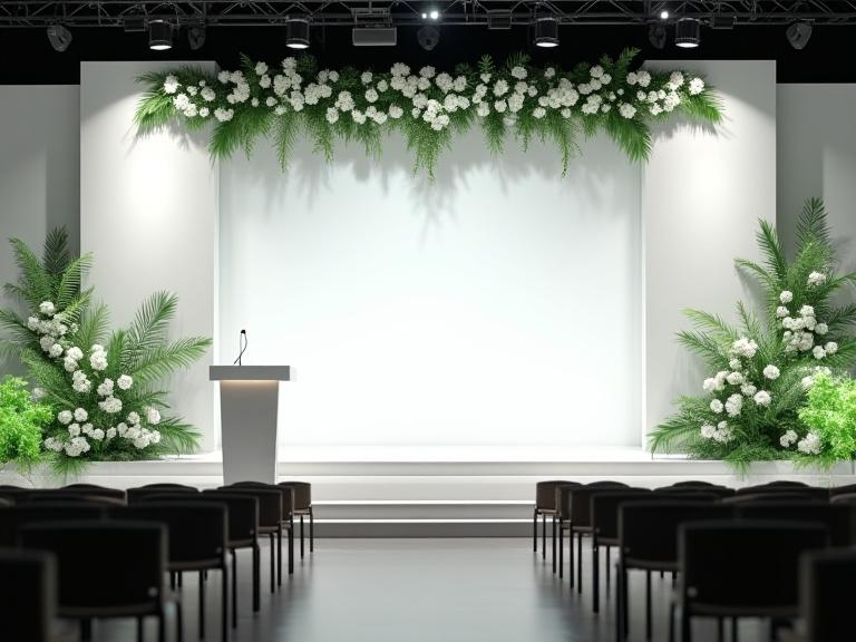 Palco di una conferenza decorato con eleganti composizioni floreali bianche e verdi.