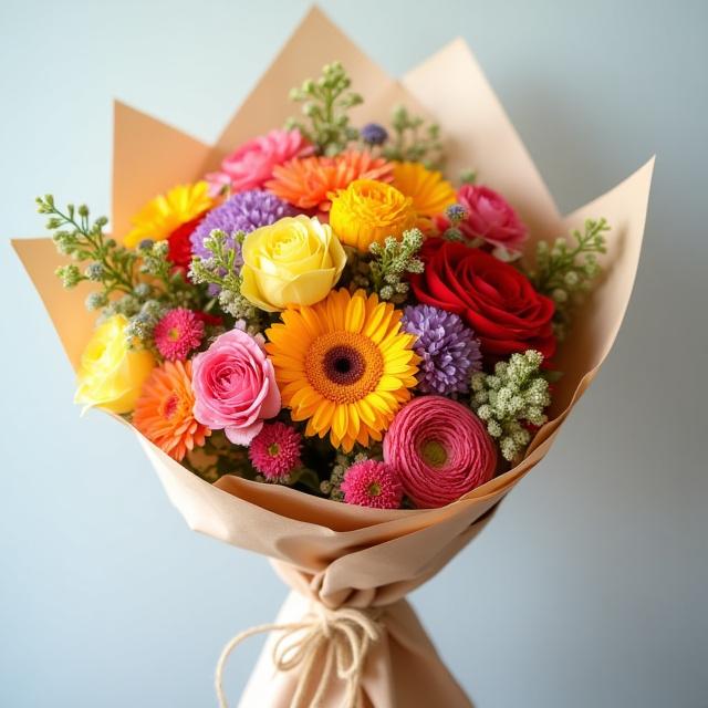 Un bouquet su misura con una varietà di fiori colorati avvolto in carta artigianale.