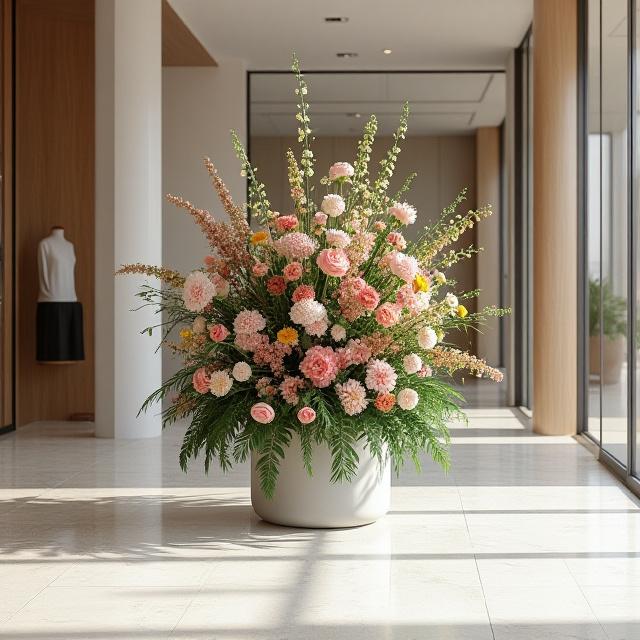 Una grande composizione floreale all'ingresso di una moderna hall d'ufficio.