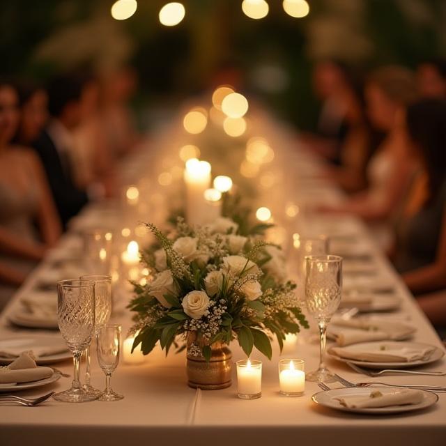 Tavola nuziale elegantemente decorata con centrotavola floreali bassi e candele.